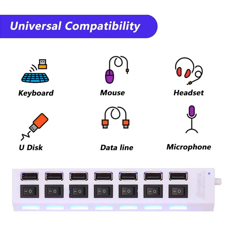 Switch Extension Hub 7-port USB2.0 Hub Computer USB Extension Hub One Drag Seven USB2.0 Splitter PC Laptop Desktop - LUCKY COLLECTION