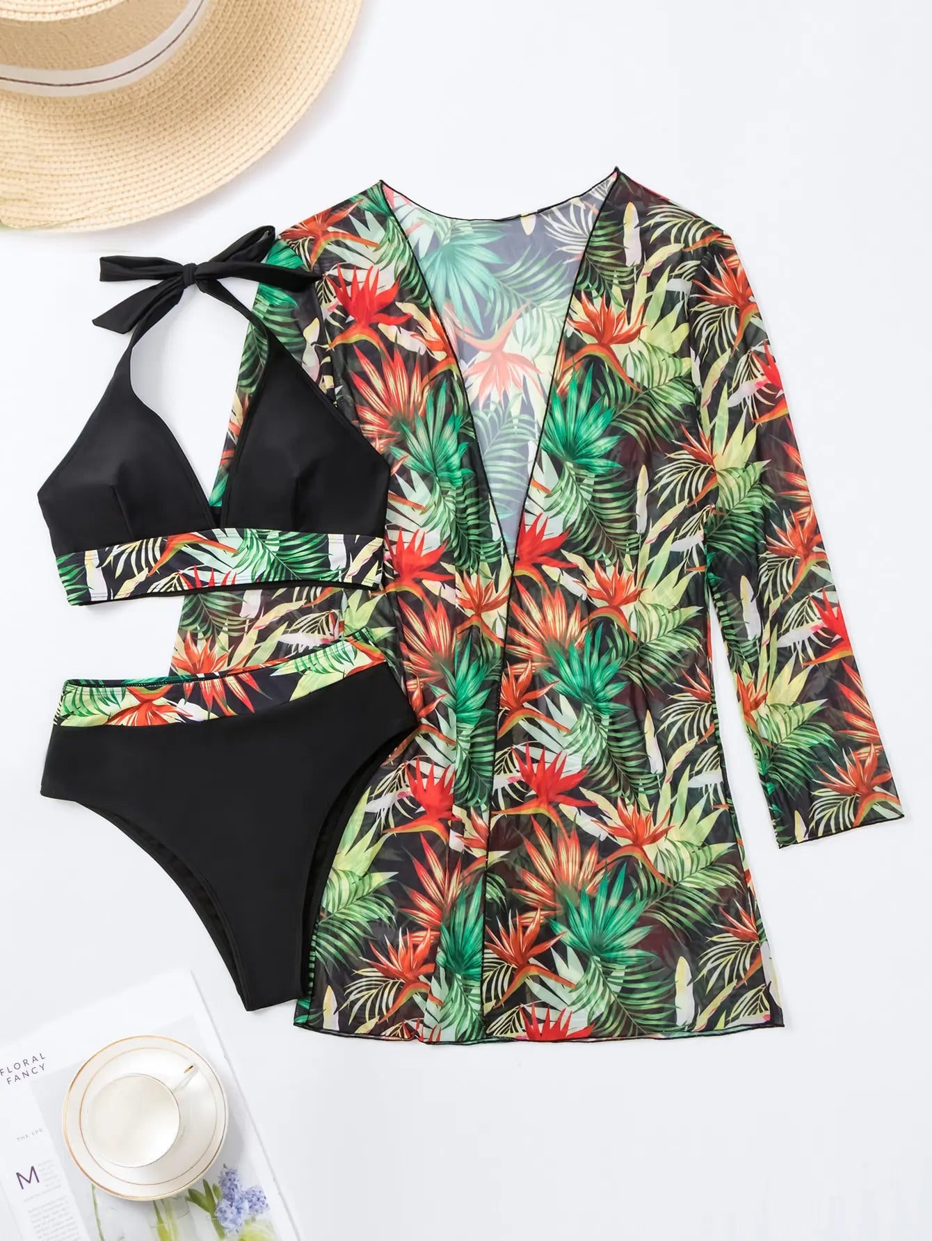 Halter Print Bikini 2025 Women Swimsuit With Kimono High Waist Swimwear Female.