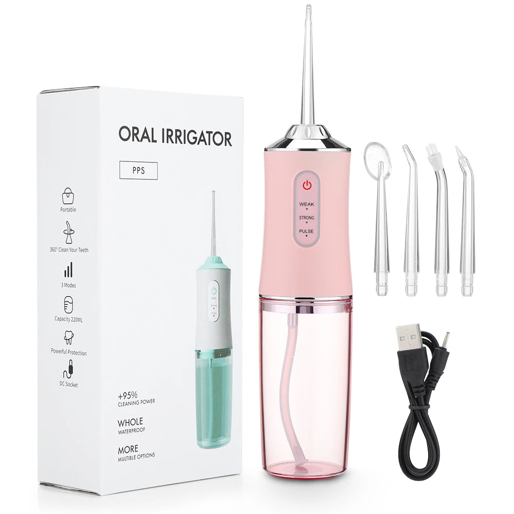 Oral Irrigator Portable Dental Water Flosser USB Rechargeable Water Jet Floss Tooth Pick 4 Jet Tip 220ml 3 Modes IPX7 1400rpm - LUCKY COLLECTION
