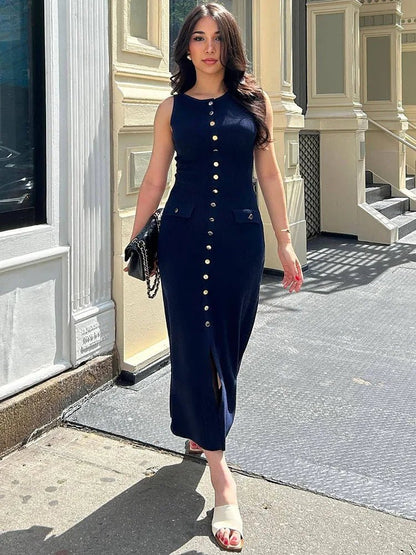 Stylish Knit Ribbed Cardigan Maxi Dress – Elegant Long Dress with Pockets - LUCKY COLLECTION