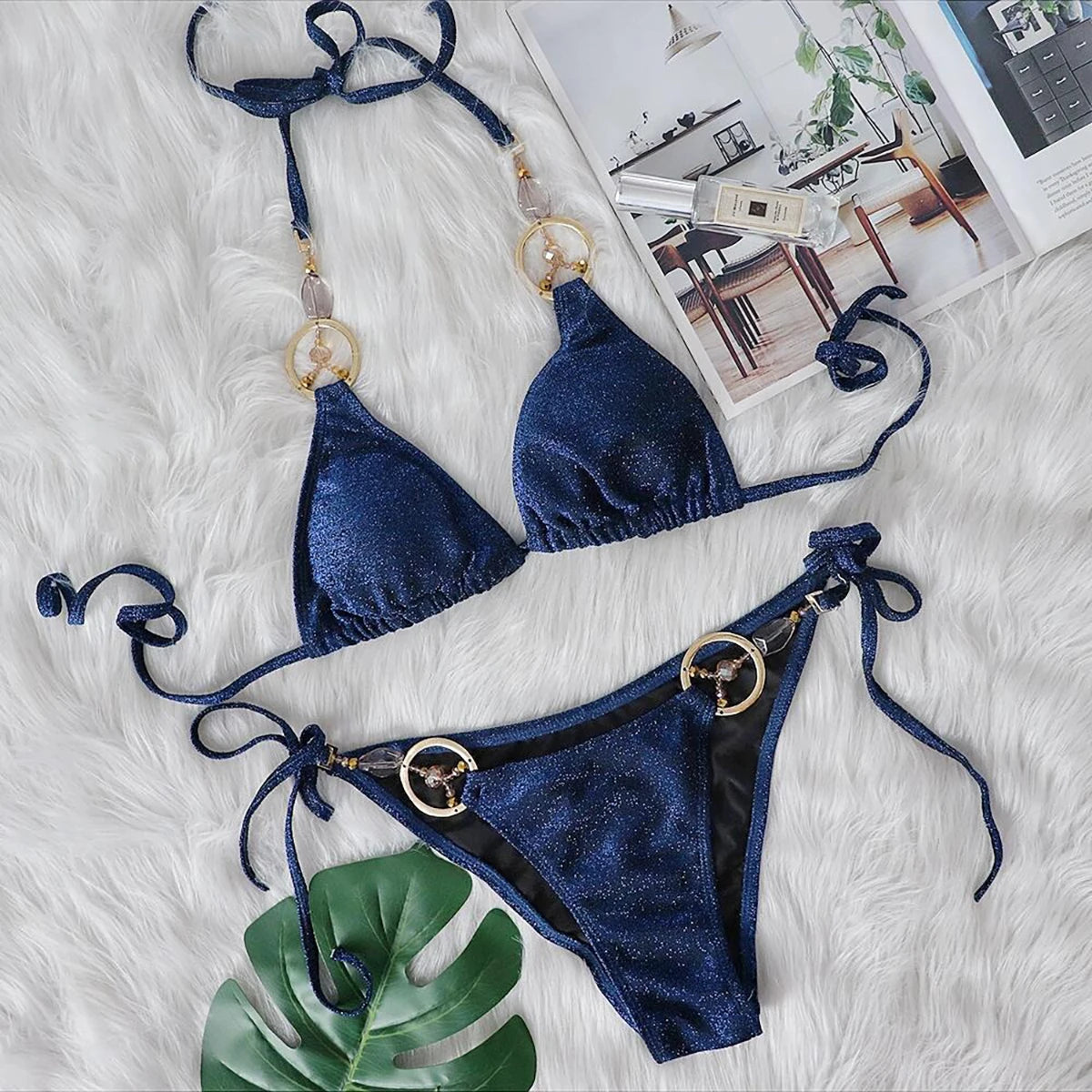 Luxury Blue Shiny Bikini Set 2025 - Sexy Push Up Swimsuit with Crystal Metal Straps & Low Waist Support