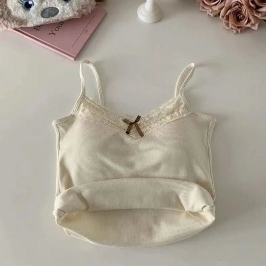 Women Camisole Tank Tops Sexy Bow Sleeveless Corset Top with Chest Pad Sweet Lace Patchwork Crop Tops Summer Slim. - LUCKY COLLECTION