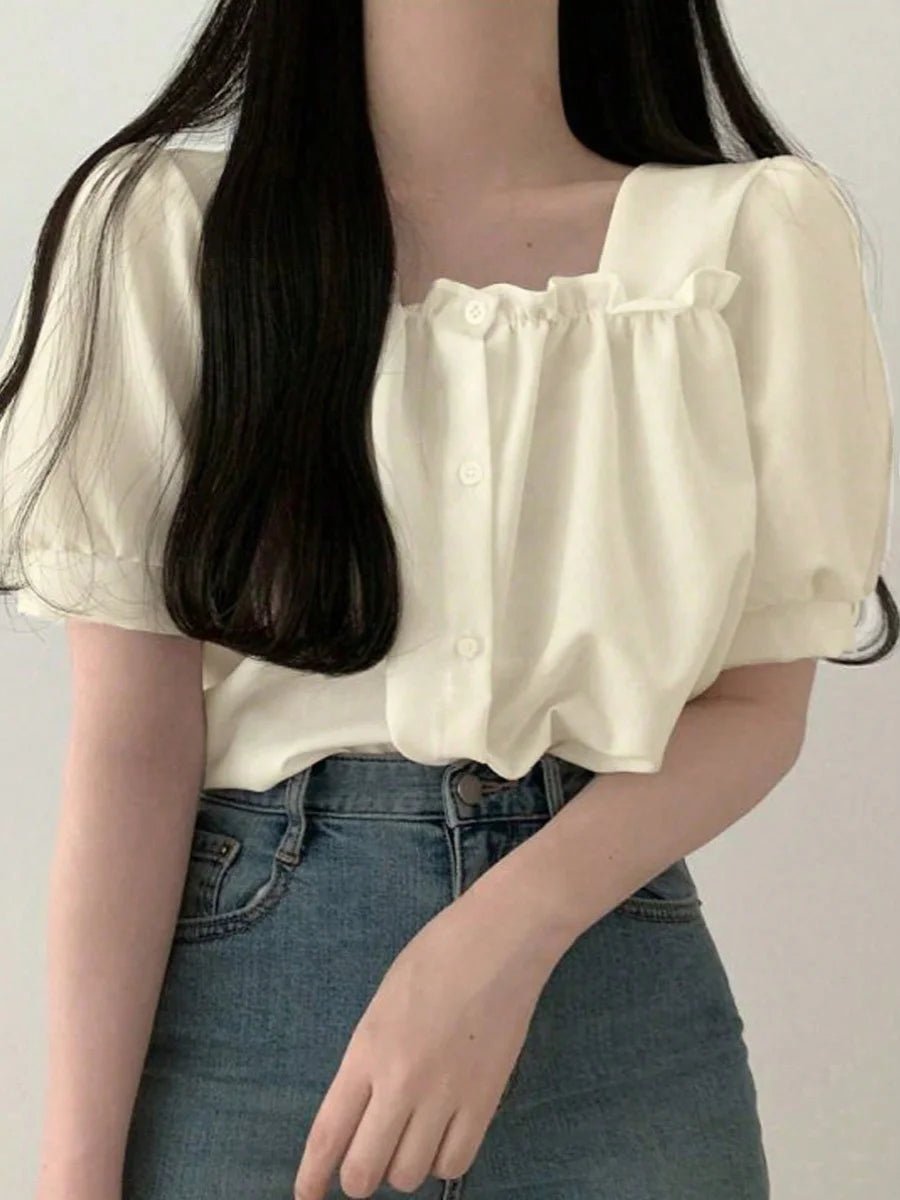 Chic Summer Gentle Wind Square Collar Lace Trim Loose Fit Short Sleeve Women's Shirt - LUCKY COLLECTION