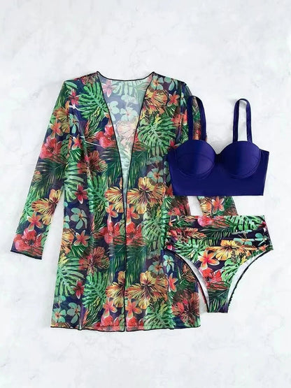 Sexy 3 Piece Bikini Set 2023 Women Cover Up Swimwear Female Tropical Printed Swimsuit. - LUCKY COLLECTION