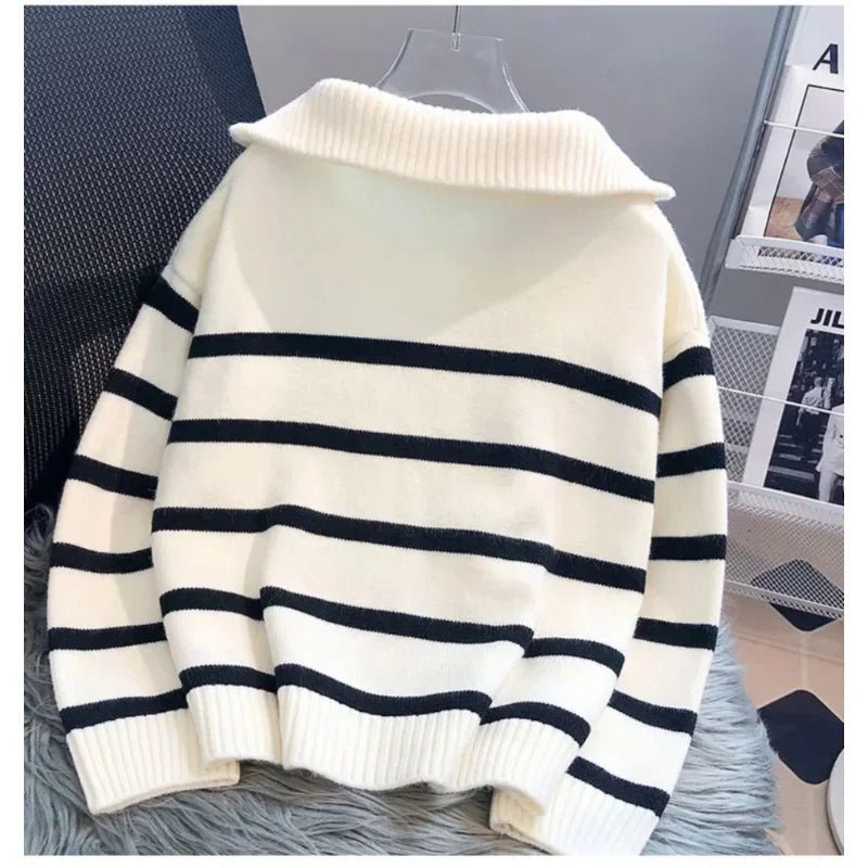 Zipper Striped Pullover Sweater – Sleek & Modern - LUCKY COLLECTION