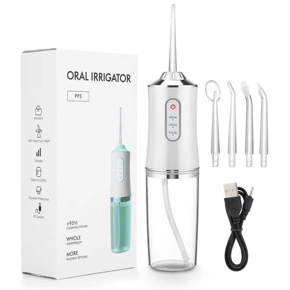 Oral Irrigator Portable Dental Water Flosser USB Rechargeable Water Jet Floss Tooth Pick 4 Jet Tip 220ml 3 Modes IPX7 1400rpm - LUCKY COLLECTION