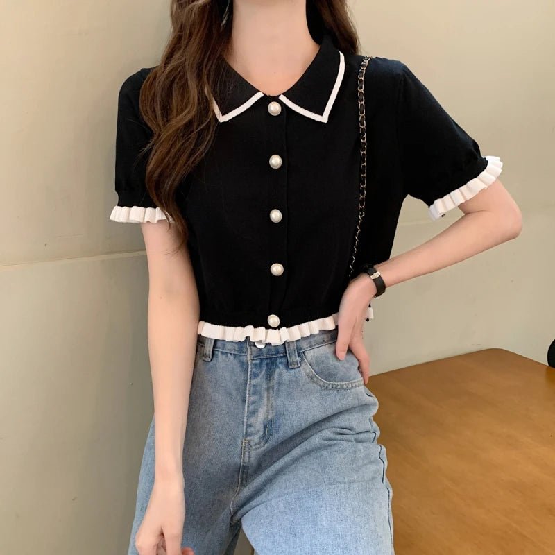 Sweet Korean Knitted Crop Blouse – Chic Summer Retro Style. - LUCKY COLLECTION