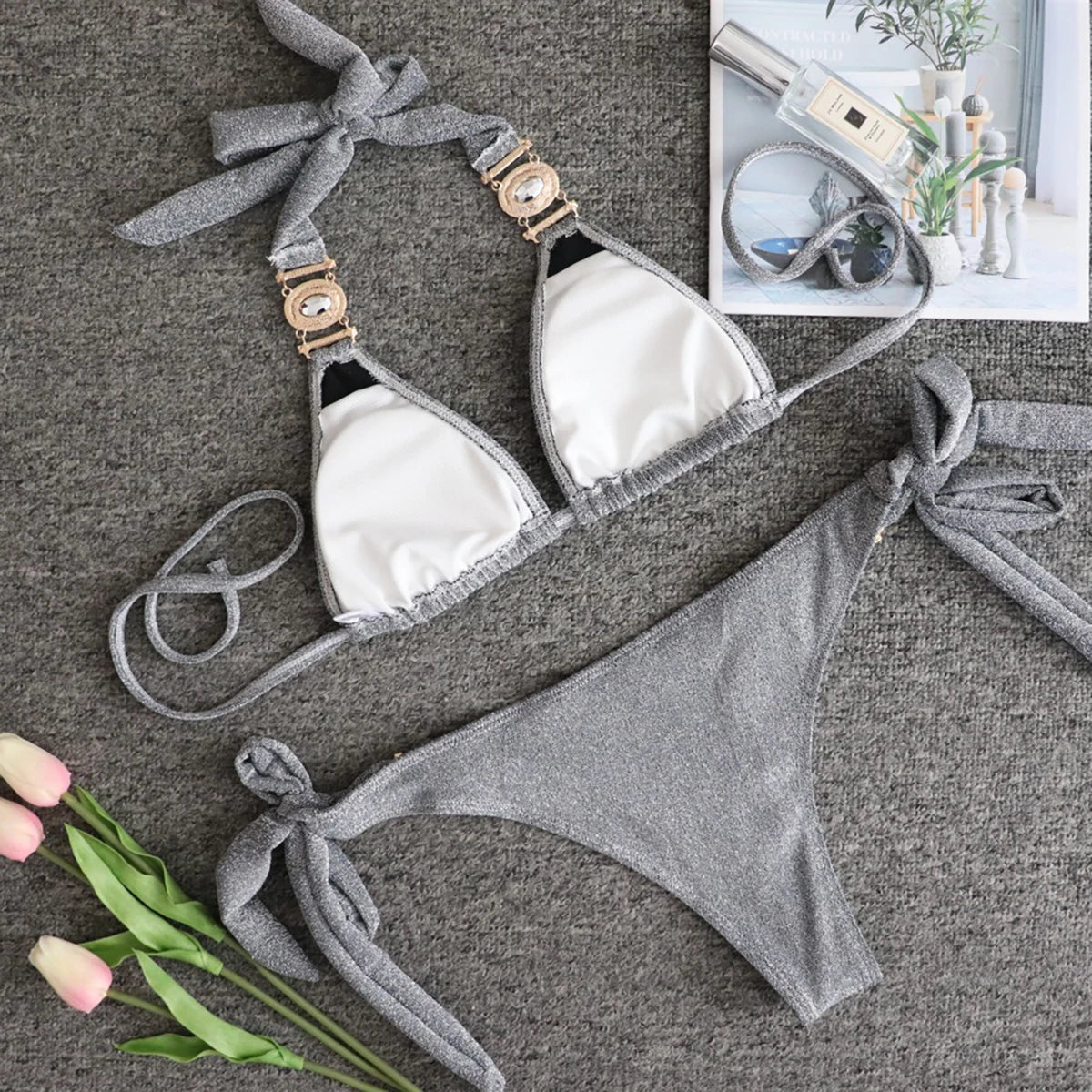 Luxury Shiny Bikini Set 2025 Sexy Push Up Swimsuit - Crystal Accents & Brazilian Low Rise with Padded Support