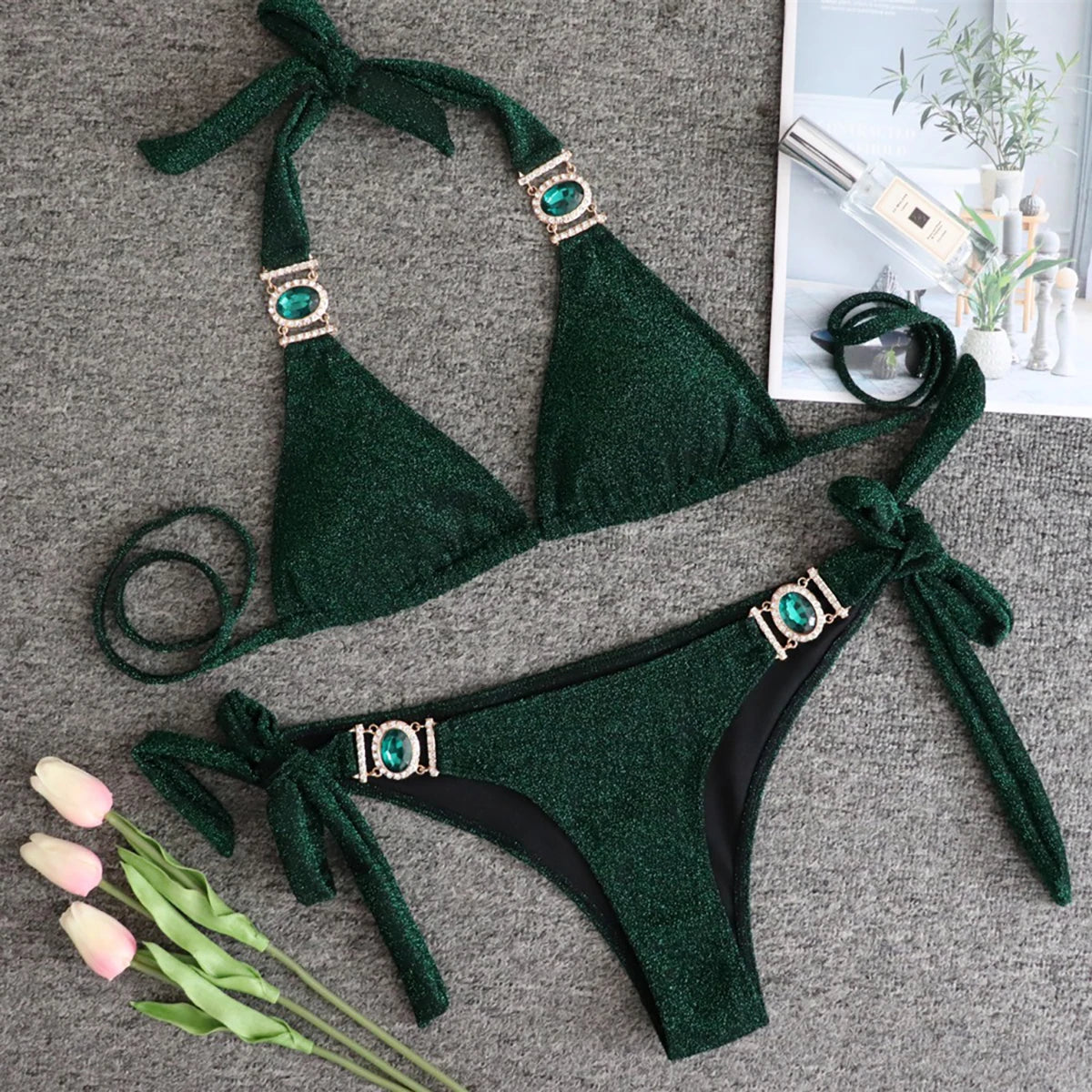 Luxury Shiny Bikini Set 2025 Sexy Push Up Swimsuit - Crystal Accents & Brazilian Low Rise with Padded Support
