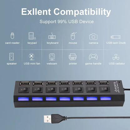 Switch Extension Hub 7-port USB2.0 Hub Computer USB Extension Hub One Drag Seven USB2.0 Splitter PC Laptop Desktop - LUCKY COLLECTION