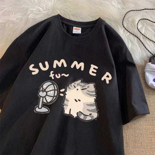 Korean Version Retro Minimalist Printed Summer T-shirt Casual Loose Couple Thin Short Sleeves - LUCKY COLLECTION