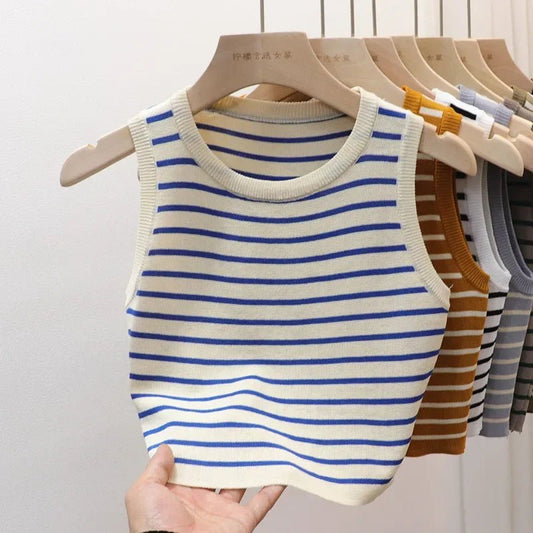 Summer Spring Striped Tank Tops Women Sleeveless Knitted T-Shirts Crop. - LUCKY COLLECTION