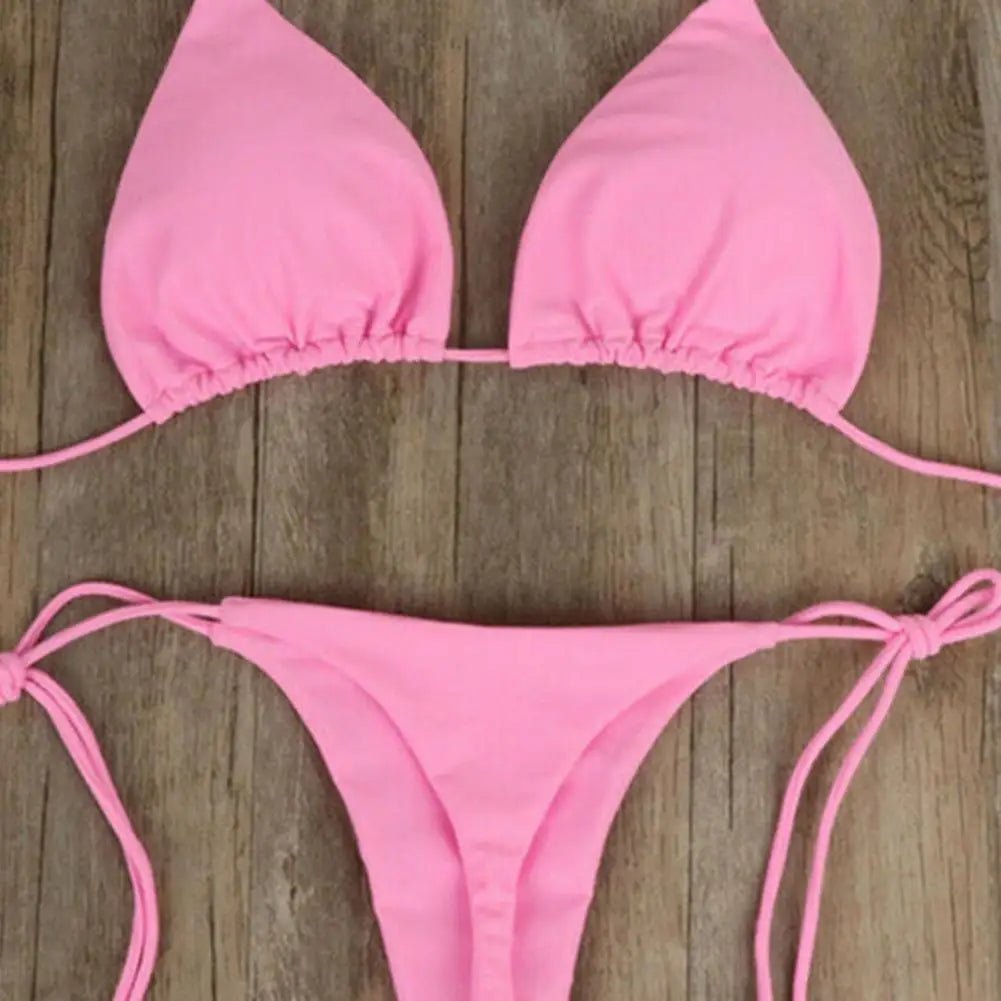 2 Pcs/Set Women Swimsuit 2024 Bikini Set Solid Color Halter Neck Strap Thong Women Swimsuit Set for Beach - LUCKY COLLECTION