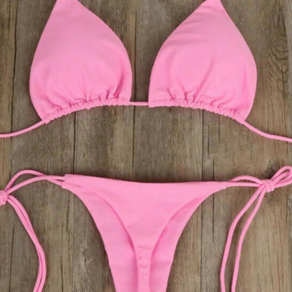 2 Pcs/Set Women Swimsuit 2024 Bikini Set Solid Color Halter Neck Strap Thong Women Swimsuit Set for Beach - LUCKY COLLECTION