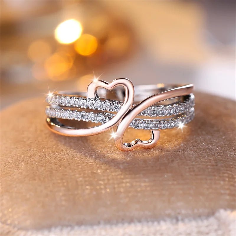 Two - Tone Rose Gold & Silver Double Heart Ring – Infinity Wedding Band with White Zircon for Women, Bridal & Engagement Jewelry - LUCKY COLLECTION