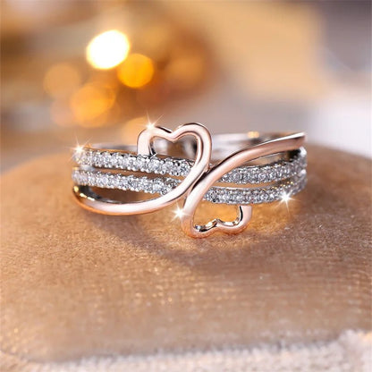 Two - Tone Rose Gold & Silver Double Heart Ring – Infinity Wedding Band with White Zircon for Women, Bridal & Engagement Jewelry - LUCKY COLLECTION