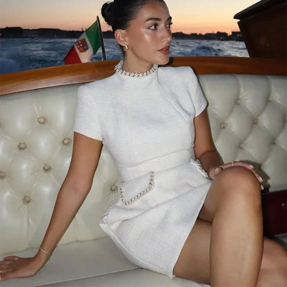 Elegant White Shoulder Pad Dress – Luxe Tweed A - line Party Dress for Special Occasions - LUCKY COLLECTION