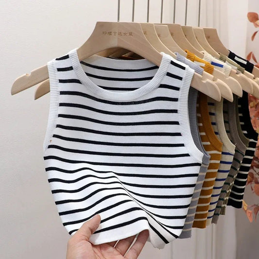 Summer Spring Striped Tank Tops Women Sleeveless Knitted T-Shirts Crop. - LUCKY COLLECTION