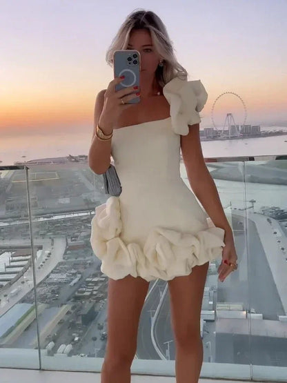 Luxury 3D Flower One - Shoulder Mini Dress – Statement Cocktail & Evening Wear - LUCKY COLLECTION