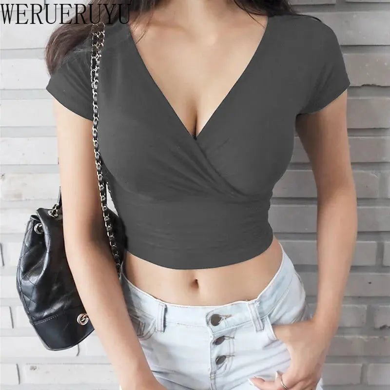 New Summer Black Sexy V - neck T-shirt Short Sleeve Y2k Crop Top Women Clothes. - LUCKY COLLECTION