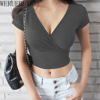New Summer Black Sexy V - neck T-shirt Short Sleeve Y2k Crop Top Women Clothes. - LUCKY COLLECTION