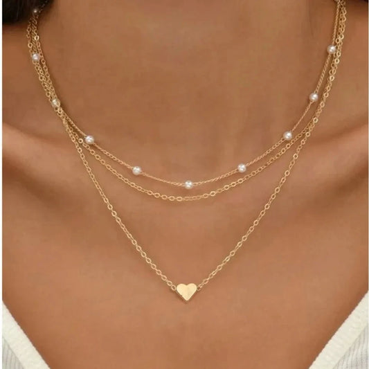 FTCY 3-Piece Pearl Necklace Set – 14K Gold Love Heart Pendant Jewelry LUCKY COLLECTION WBSSZB04-01 40cm 