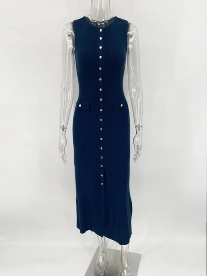 Stylish Knit Ribbed Cardigan Maxi Dress – Elegant Long Dress with Pockets - LUCKY COLLECTION