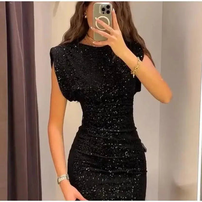 Glamorous Sequin High Waist Dress – Sleeveless Slim Party Look for Effortless Elegance - LUCKY COLLECTION