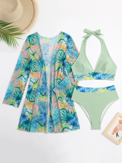Halter Print Bikini 2025 Women Swimsuit With Kimono High Waist Swimwear Female.