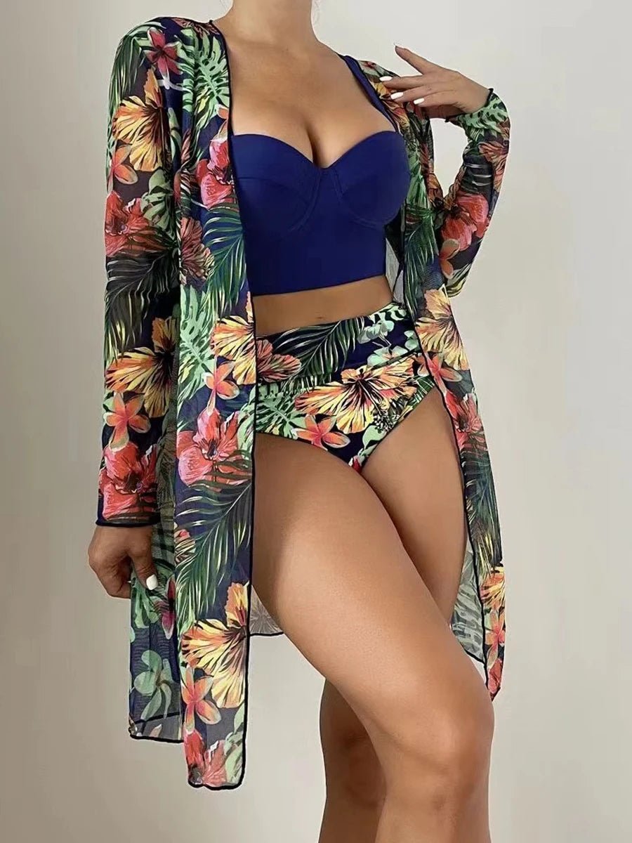 Sexy 3 Piece Bikini Set 2023 Women Cover Up Swimwear Female Tropical Printed Swimsuit. - LUCKY COLLECTION