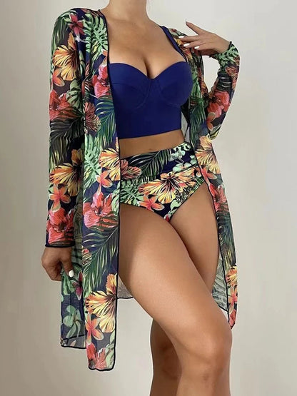 Sexy 3 Piece Bikini Set 2023 Women Cover Up Swimwear Female Tropical Printed Swimsuit. - LUCKY COLLECTION