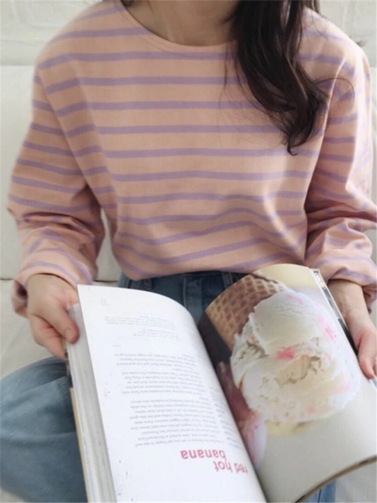 Seoulish Autumn Cotton Classic Striped Women's T-Shirt – 2025 New Collection - LUCKY COLLECTION