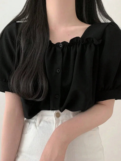 Chic Summer Gentle Wind Square Collar Lace Trim Loose Fit Short Sleeve Women's Shirt - LUCKY COLLECTION