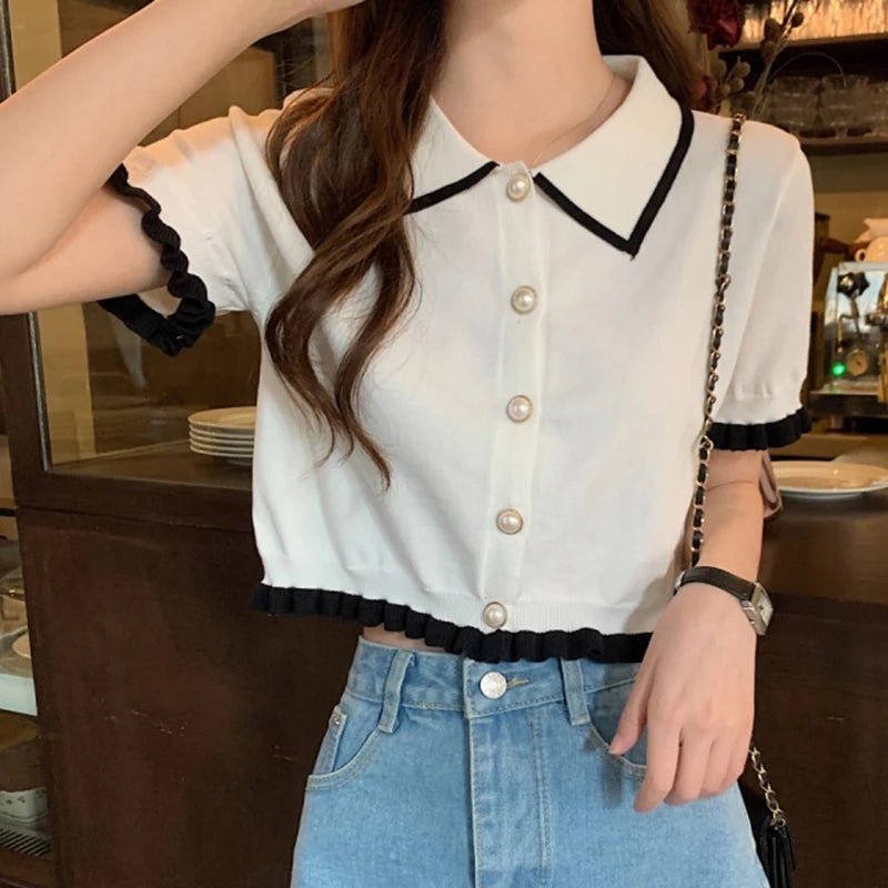Sweet Korean Knitted Crop Blouse – Chic Summer Retro Style. - LUCKY COLLECTION