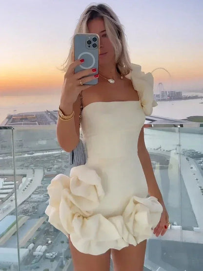 Luxury 3D Flower One - Shoulder Mini Dress – Statement Cocktail & Evening Wear - LUCKY COLLECTION